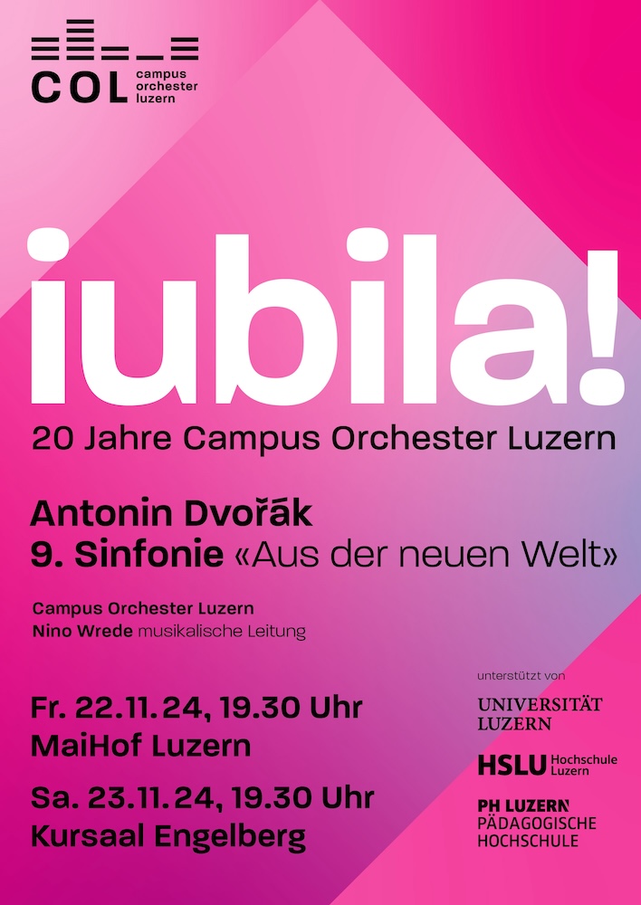 Pinker Flyer für das Jubiläumskonzert im November 2024 des Campus Orchesters Luzern.
