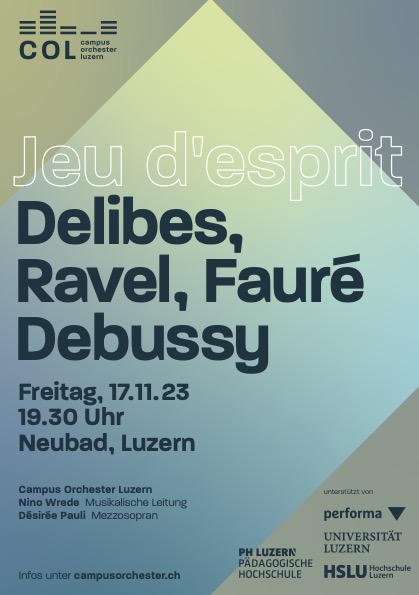 Flyer für das Konzert Jeu d'esprit des Campus Orchesters Luzern im Herbstsemester 2023.