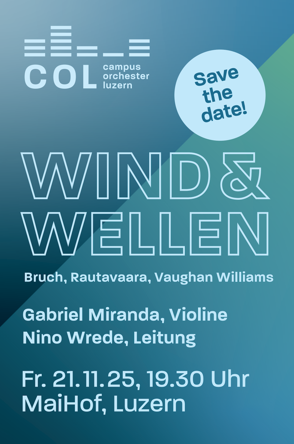 Flyer des Campusorchesters Luzern für das Herbstkonzert 2025 mit dem Titel Wind und Wellen